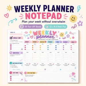 Op de afbeelding: Een kleurrijk wekelijks planner notitieblok met de tekst "WEEKLY PLANNER NOTEPAD" en "Plan je week zonder overweldigd te raken." Het notitieblok heeft secties voor elke dag van de week, met ruimte voor taken en focus. Het meet 27,9 x 21,6 cm.