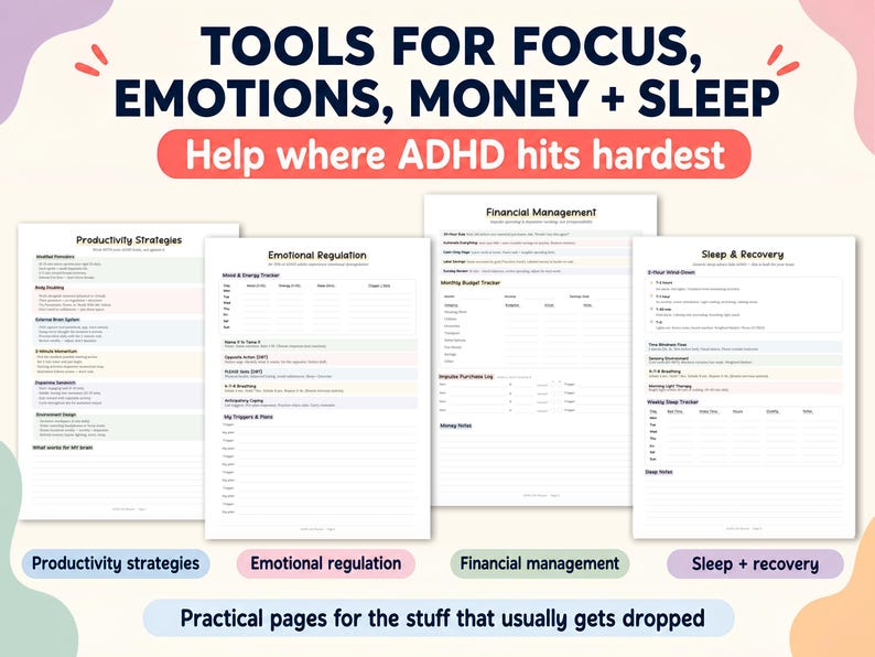 May include: A set of printable pages with headings such as "Productivity Strategies," "Emotional Regulation," "Financial Management," and "Sleep & Recovery." The pages are designed to assist with focus, emotions, money, and sleep, with the text "Help where ADHD hits hardest."