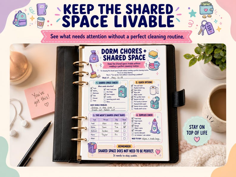May include: A black ring-bound planner open to a page titled Dorm Chores + Shared Space. The page features checklists for shared space maintenance, quick cleaning options, a weekly task schedule, and a supplies inventory list with colorful icons.
