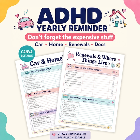 ADHD Life Admin Planner, Editable Canva PDF Printable, Home Maintenance Checklist, Car Reminder Tracker, Renewal Organizer