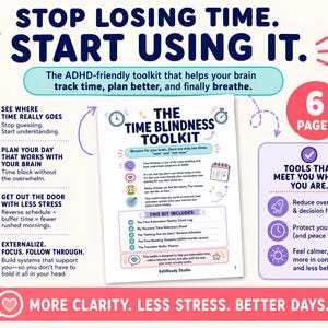 May include: A six-page ADHD-friendly toolkit document titled The Time Blindness Toolkit. The page features text, icons, and lists explaining time management strategies, including a time estimation log, a personal reference sheet, and a buffer planner.