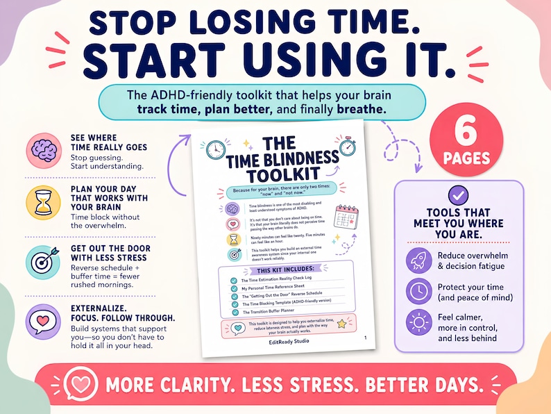 May include: A six-page ADHD-friendly toolkit document titled The Time Blindness Toolkit. The page features text, icons, and lists explaining time management strategies, including a time estimation log, a personal reference sheet, and a buffer planner.