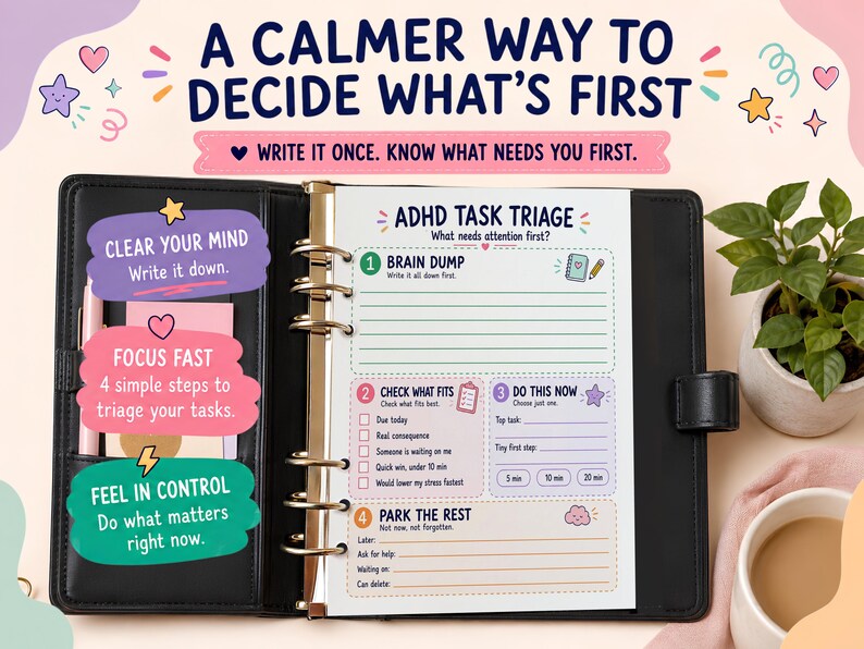 May include: A black leather-bound ring binder planner open to an ADHD Task Triage page. The page features sections for Brain Dump, Check What Fits, Do This Now, and Park The Rest. Text includes A CALMER WAY TO DECIDE WHAT'S FIRST and task prompts.