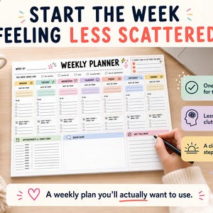 K&ouml;nnte beinhalten: Ein Wochenplaner mit dem Text "START THE WEEK FEELING LESS SCATTERED". Der Planer hat Abschnitte f&uuml;r jeden Wochentag mit Platz f&uuml;r Termine und To-Do-Listen. Eine Hand h&auml;lt einen Stift &uuml;ber dem Planer.