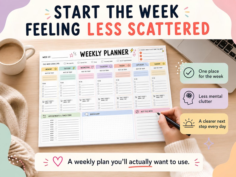 K&ouml;nnte beinhalten: Ein Wochenplaner mit dem Text "START THE WEEK FEELING LESS SCATTERED". Der Planer hat Abschnitte f&uuml;r jeden Wochentag mit Platz f&uuml;r Termine und To-Do-Listen. Eine Hand h&auml;lt einen Stift &uuml;ber dem Planer.