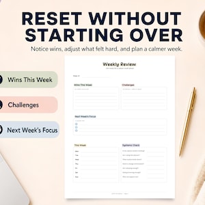 May include: A weekly review planner with the text "RESET WITHOUT STARTING OVER". The planner includes sections for wins, challenges, and next week's focus. A gold pen and a cup of coffee are also visible.