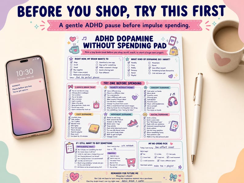 May include: A white paper notepad titled ADHD Dopamine Without Spending Pad with colorful pastel illustrations and checkboxes. The pad includes sections for tracking brain wants, dopamine types, and pre-spending checklists, alongside a smartphone and a pen.
