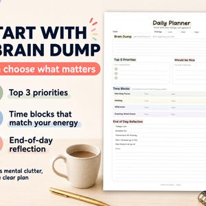 May include: A daily planner with sections for a brain dump, top 3 priorities, and time blocks. A mug of coffee and a gold pen are next to the planner. The image also includes the text "Start with a brain dump" and "Daily Planner".