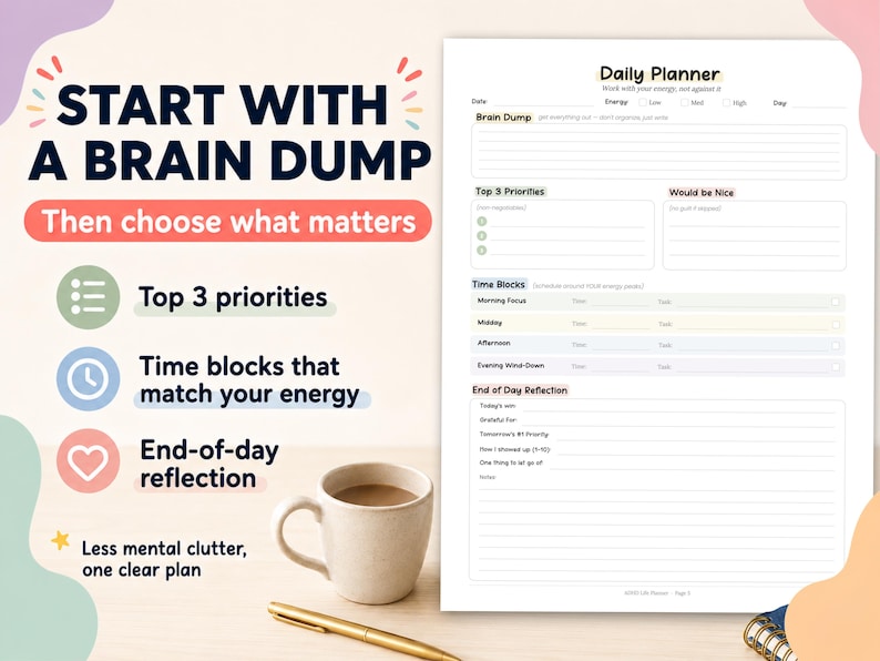 May include: A daily planner with sections for a brain dump, top 3 priorities, and time blocks. A mug of coffee and a gold pen are next to the planner. The image also includes the text "Start with a brain dump" and "Daily Planner".
