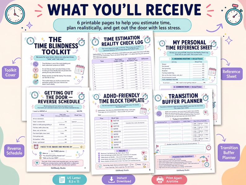 May include: A set of six printable pages titled The Time Blindness Toolkit, including a Time Estimation Reality Check Log, My Personal Reference Sheet, Getting Out The Door Reverse Schedule, ADHD-Friendly Time Block Template, and Transition Buffer Planner, all featuring clocks and icons.