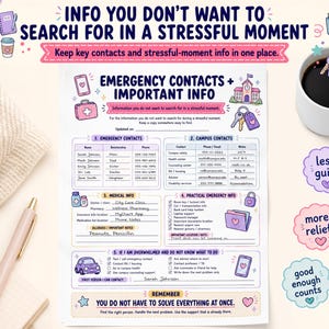 May include: A printable emergency contacts and important information sheet with sections for emergency contacts, campus contacts, medical info, and practical emergency info. The document features pastel illustrations and text including "Emergency Contacts + Important Info" and "You do not have to solve everything at once."