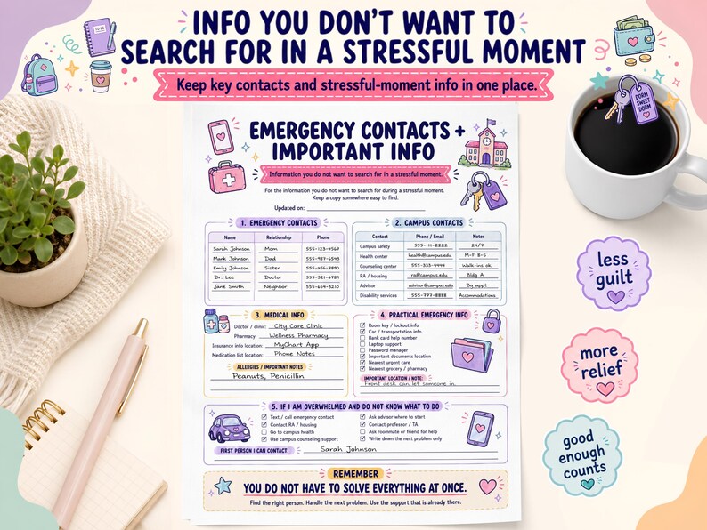 May include: A printable emergency contacts and important information sheet with sections for emergency contacts, campus contacts, medical info, and practical emergency info. The document features pastel illustrations and text including "Emergency Contacts + Important Info" and "You do not have to solve everything at once."