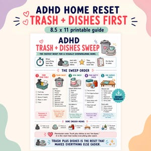 May include: A 21.6 x 27.9 cm printable guide titled ADHD Home Reset Trash + Dishes First. The document features a five-step sweep order with illustrations, checklists, and instructions for cleaning, including a trash sweep, dish sweep, and food safety check.
