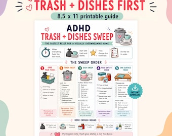 Trash and Dishes Checklist, ADHD Cleaning Printable, Quick Room Reset PDF, Doom Pile Help, Where to Start Cleaning for Adults