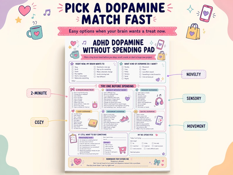 May include: A white paper pad titled ADHD Dopamine Without Spending Pad with pastel-colored sections and icons. It features checklists for brain treats, including categories like sensory, movement, and cozy, with text prompts for managing impulsive spending.