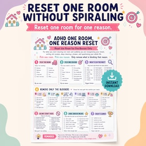 Könnte beinhalten: Eine druckbare ADHD-Checkliste für das Aufräumen eines Zimmers mit einem Grund, in Pastellfarben wie Rosa, Blau und Gelb. Das Dokument enthält sieben nummerierte Abschnitte mit Kontrollkästchen, darunter Überschriften wie Pick the Room, Pick One Reason und Remove Only the Blockers. Ein türkisfarbenes Sofort-Download-Abzeichen ist auf der rechten Seite platziert.