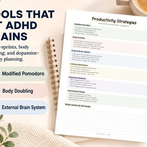 May include: A printed sheet with the title "Productivity Strategies" and "Tools That Fit ADHD Brains". The sheet lists strategies such as "Modified Pomodoro" and "Body Doubling". A gold pen and a cup of coffee are also visible in the image.