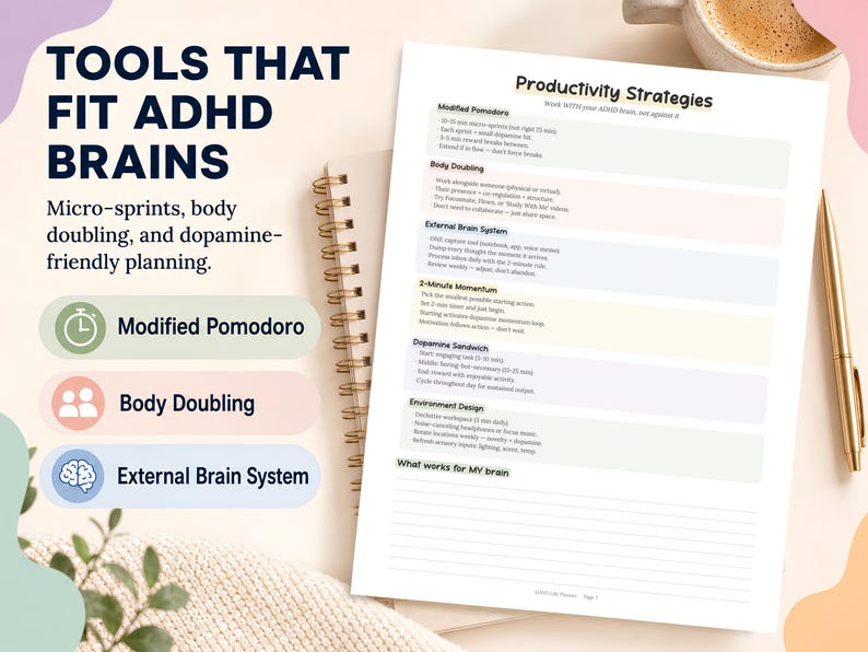 May include: A printed sheet with the title "Productivity Strategies" and "Tools That Fit ADHD Brains". The sheet lists strategies such as "Modified Pomodoro" and "Body Doubling". A gold pen and a cup of coffee are also visible in the image.
