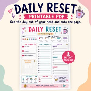 ADHD Daily Planner, Low Energy Day Planner, Daily Reset Sheet, Brain Dump, Task List, Schedule, Body Basics, Overwhelm Help Printable PDF
