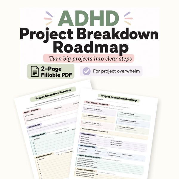 ADHD Project Planner, Project Breakdown Roadmap for Overwhelmed Adults, Deadline Planning Worksheet, Fillable Printable PDF
