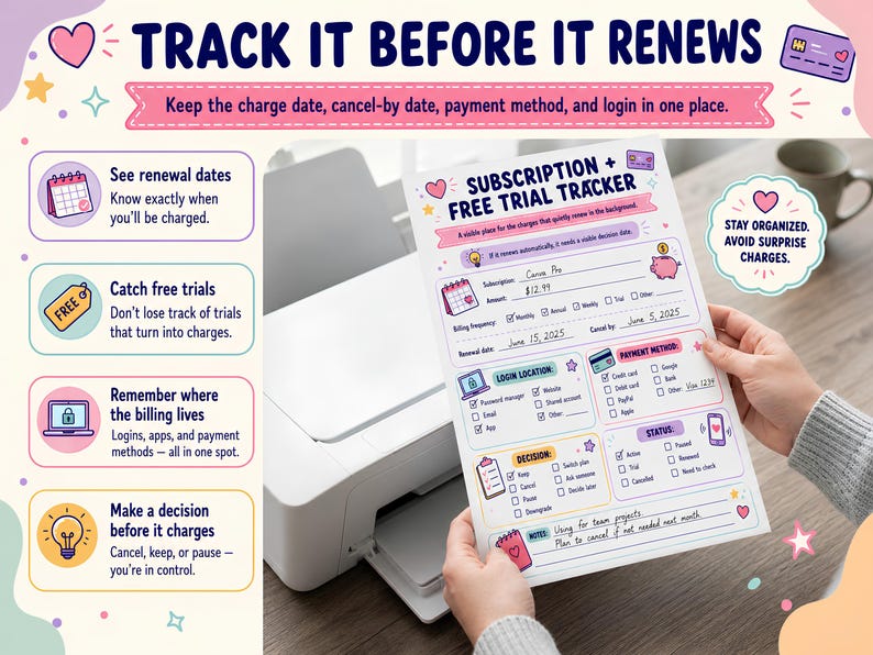 May include: A white paper subscription and free trial tracker sheet with colorful icons and text fields for tracking renewal dates, billing frequency, payment methods, and login locations, featuring a header that reads Subscription + Free Trial Tracker.