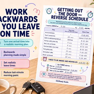 May include: A printed reverse schedule planner titled Getting Out The Door with a table for calculating morning routines. The document features sections for arrival times, step-by-step tasks, and alarm settings, designed to help users plan their morning schedule.