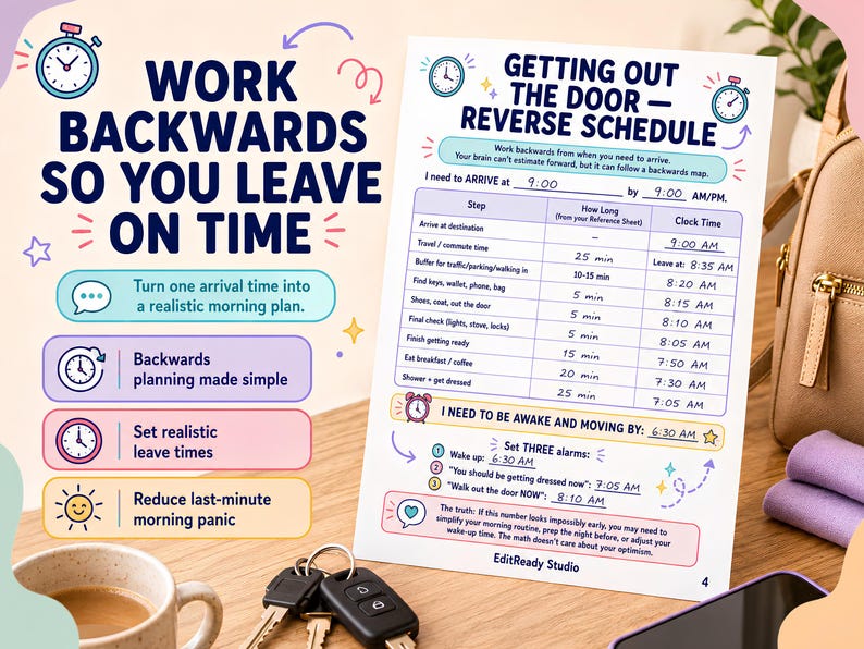May include: A printed reverse schedule planner titled Getting Out The Door with a table for calculating morning routines. The document features sections for arrival times, step-by-step tasks, and alarm settings, designed to help users plan their morning schedule.