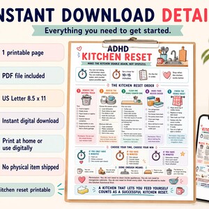 May include: A digital download printable with the text "ADHD Kitchen Reset" on a clipboard, with a smartphone displaying the same design. The printable includes a checklist and instructions for kitchen organization.