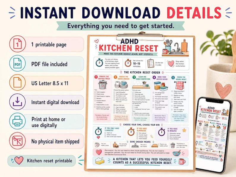 May include: A digital download printable with the text "ADHD Kitchen Reset" on a clipboard, with a smartphone displaying the same design. The printable includes a checklist and instructions for kitchen organization.