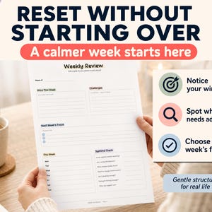 May include: A weekly review planner with the text "RESET WITHOUT STARTING OVER" and "A calmer week starts here." The planner includes sections for wins, challenges, and next week's focus. A mug of coffee sits on a coaster to the left.
