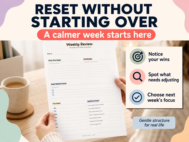 May include: A weekly review planner with the text "RESET WITHOUT STARTING OVER" and "A calmer week starts here." The planner includes sections for wins, challenges, and next week's focus. A mug of coffee sits on a coaster to the left.