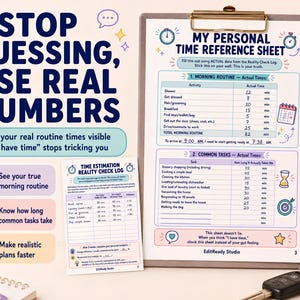 May include: A personal time reference sheet and reality check log on a clipboard. The documents feature tables for tracking morning routines and common tasks with printed text including STOP GUESSING, USE REAL NUMBERS and MY PERSONAL TIME REFERENCE SHEET.