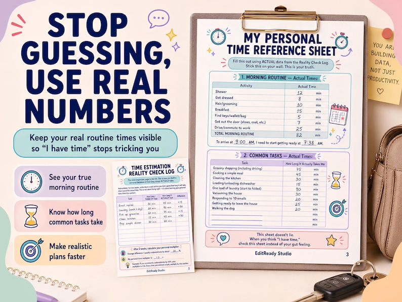 May include: A personal time reference sheet and reality check log on a clipboard. The documents feature tables for tracking morning routines and common tasks with printed text including STOP GUESSING, USE REAL NUMBERS and MY PERSONAL TIME REFERENCE SHEET.