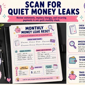 May include: A printable monthly money leak reset tracker sheet featuring sections for checking bank statements, identifying mystery charges, and listing recurring subscriptions. The document includes a piggy bank icon, a magnifying glass, and US Letter 8.5 x 11 dimensions.
