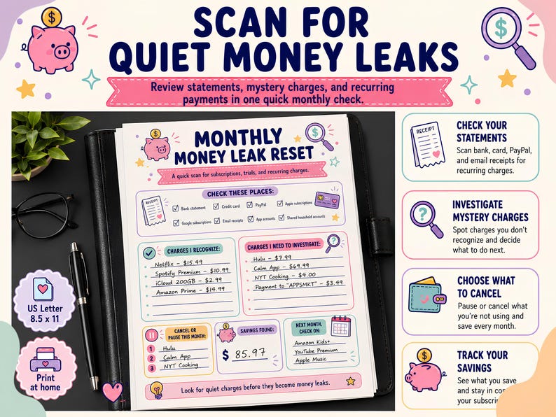 May include: A printable monthly money leak reset tracker sheet featuring sections for checking bank statements, identifying mystery charges, and listing recurring subscriptions. The document includes a piggy bank icon, a magnifying glass, and US Letter 8.5 x 11 dimensions.