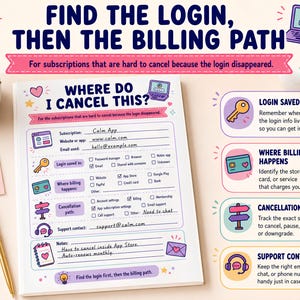 May include: A subscription tracker worksheet titled Where Do I Cancel This? with fields for subscription details, login location, billing method, and cancellation path. The page includes icons for keys, credit cards, and support, with handwritten text examples.