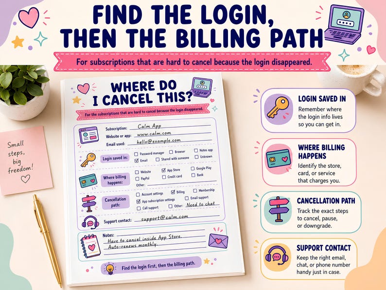 May include: A subscription tracker worksheet titled Where Do I Cancel This? with fields for subscription details, login location, billing method, and cancellation path. The page includes icons for keys, credit cards, and support, with handwritten text examples.