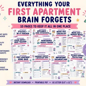 May include: A ten-page printable PDF planner titled Everything Your First Apartment Brain Forgets, featuring trackers for utilities, rent dates, maintenance requests, move-out checklists, and security deposits, designed in a colorful, organized layout.