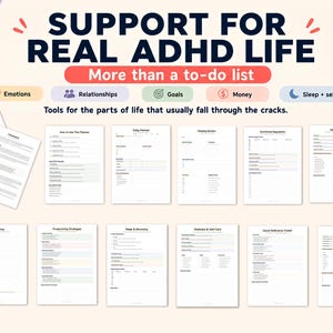 May include: A planner with the text "SUPPORT FOR REAL ADHD LIFE" and "More than a to-do list." The planner includes sections for emotions, relationships, goals, money, and sleep. It also includes pages for daily planning, weekly review, and financial management.