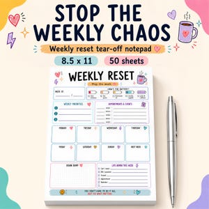 May include: A weekly reset tear-off notepad measuring 21.6 by 27.9 cm with 50 sheets. The white paper features colourful headers, sections for priorities, appointments, daily planning, a brain dump, and life admin tasks, decorated with small icons.