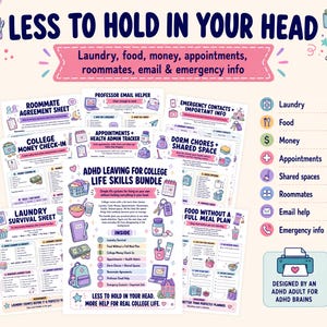 May include: A digital ADHD college life skills bundle featuring multiple printable sheets with pastel illustrations. The main page is titled ADHD LEAVING FOR COLLEGE LIFE SKILLS BUNDLE and includes sections for laundry, food, money, and emergency contacts.