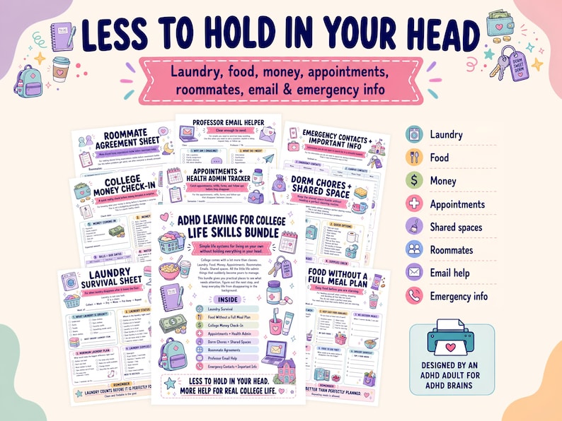 May include: A digital ADHD college life skills bundle featuring multiple printable sheets with pastel illustrations. The main page is titled ADHD LEAVING FOR COLLEGE LIFE SKILLS BUNDLE and includes sections for laundry, food, money, and emergency contacts.