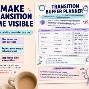 May include: A Transition Buffer Planner document featuring a table for tracking task transitions, buffer time needs, and activities. The page includes sections for personal transition patterns and guidelines, with blue, purple, and pink text and icons.