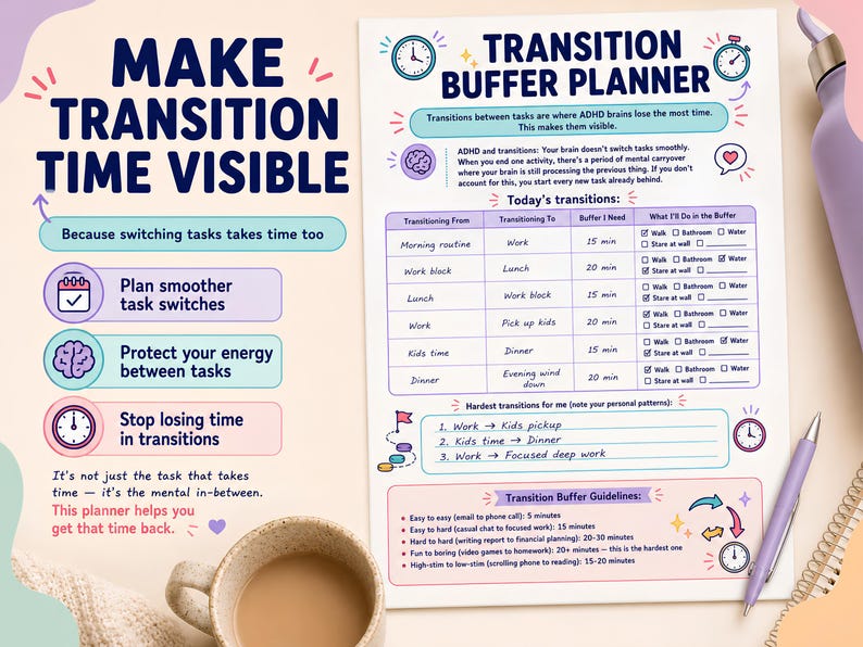 May include: A Transition Buffer Planner document featuring a table for tracking task transitions, buffer time needs, and activities. The page includes sections for personal transition patterns and guidelines, with blue, purple, and pink text and icons.
