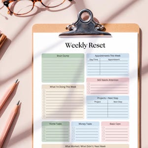 Pode incluir: Uma prancheta com uma folha de planejamento "Weekly Reset". A folha tem se&ccedil;&otilde;es para "Brain Dump", "Appointments", "What I'm Doing This Week", "Home Tasks", "Money Tasks" e "Basic Care". Dois l&aacute;pis e &oacute;culos s&atilde;o vis&iacute;veis.