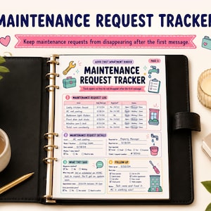 May include: A maintenance request tracker page in a binder featuring sections for logs, details, and follow-ups. The document includes icons of a wrench, toolbox, faucet, and clipboard, with text fields for tracking repairs and property management communication.