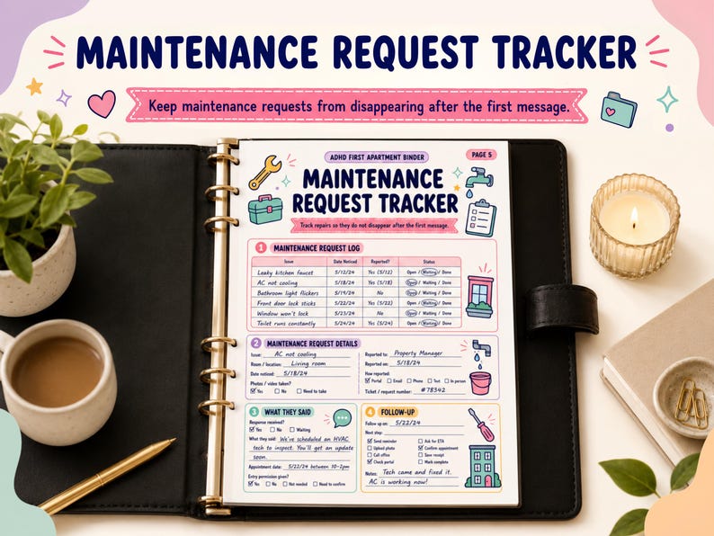 May include: A maintenance request tracker page in a binder featuring sections for logs, details, and follow-ups. The document includes icons of a wrench, toolbox, faucet, and clipboard, with text fields for tracking repairs and property management communication.