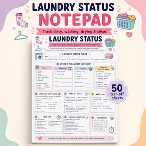 ADHD Laundry Tracker Notepad, Laundry Checklist Tear Pad, Forgotten Washer Load Reminder, Emergency Outfit, Clean Pile, 50 Sheet 8.5x11 Pad