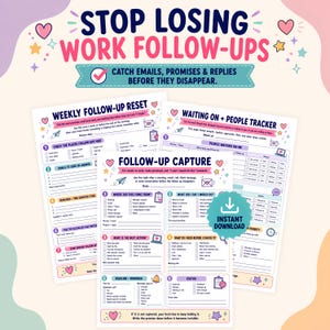 Puede incluir: Tres hojas de organización de trabajo imprimibles tituladas Weekly Follow-Up Reset, Waiting On + People Tracker y Follow-Up Capture. Los documentos incluyen listas de verificación, campos para rellenar e iconos coloridos sobre un fondo blanco.