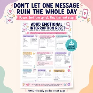 May include: A printable ADHD emotional interruption reset worksheet featuring nine numbered sections with checkboxes and prompts to manage daily stressors. The document includes pastel-coloured icons like hearts, stars, and phones, with text guiding users through grounding actions and reflection steps.